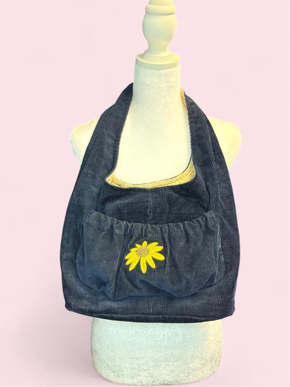 Corduroy Shoulder Bag with Yellow Daisy Accent - Black
